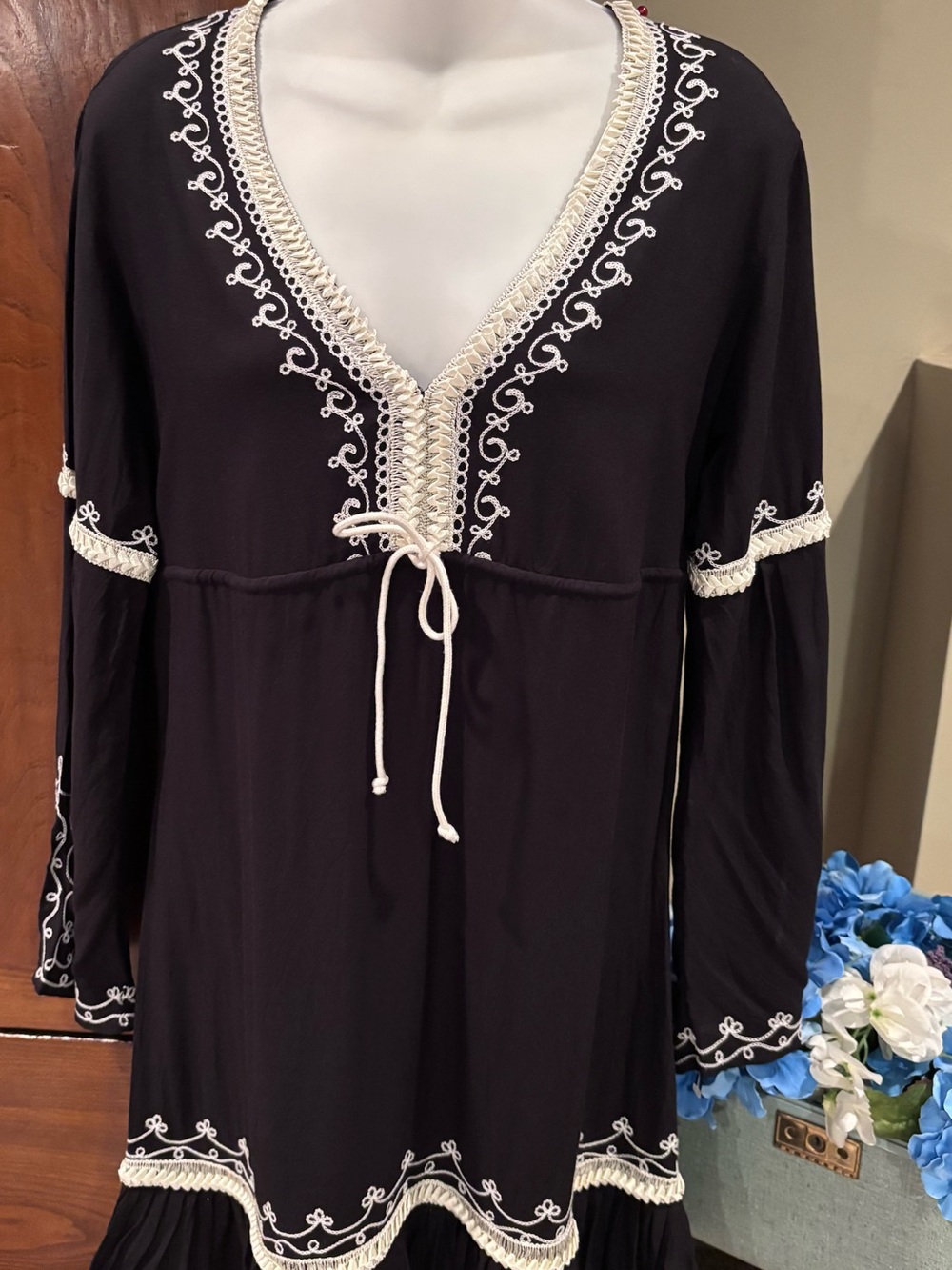 Women’s Black Beach Dress with White Embroidered Trim